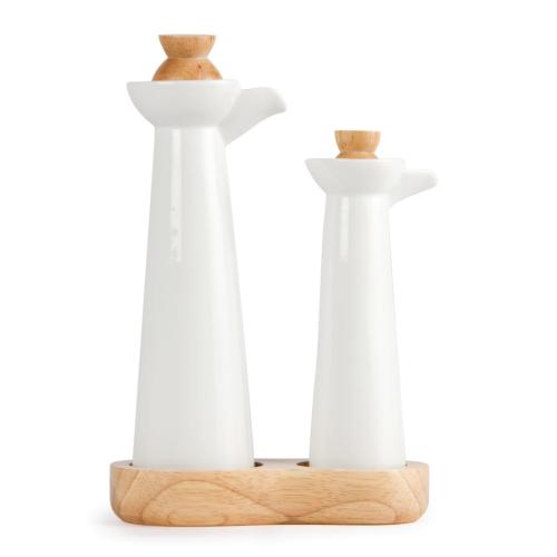 Olympia Whiteware Vinegar & Oil Bottle set with Wooden Base & Stoppers (Box 1)