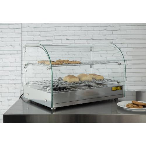 Buffalo Pastry Heated Showcase Curved Glass w/Hinged Rear Doors 2 Shelves 45Ltr