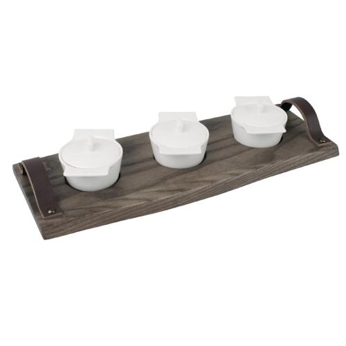 Olympia Ash Serving Platter with Leather Handles - 3 recess 370x150x12mm