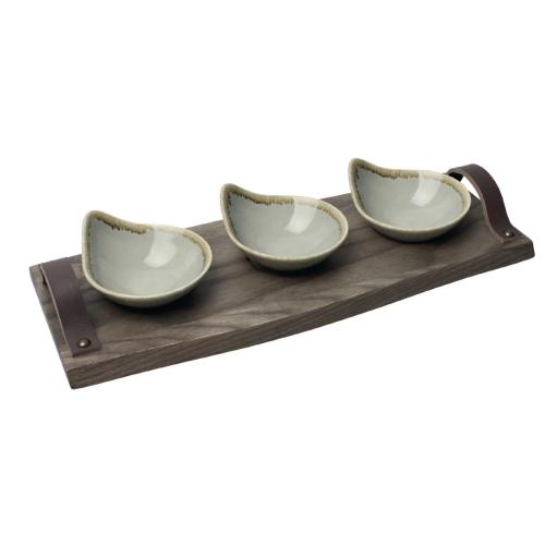 Olympia Ash Serving Platter with Leather Handles - 3 recess 370x150x12mm