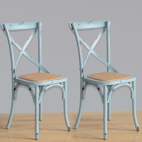 Bolero Wooden Dining Chair with Cross Backrest Antique Blue Wash (Box 2)